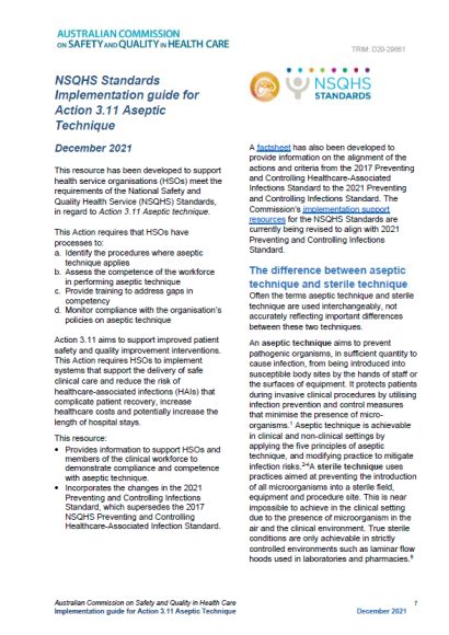 Nsqhs Standards Implementation Guide For Action 311 Aseptic Technique