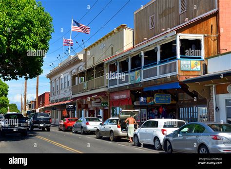 Shops and restaurants on Front Street, Lahaina, Maui, Hawaii, USA Stock