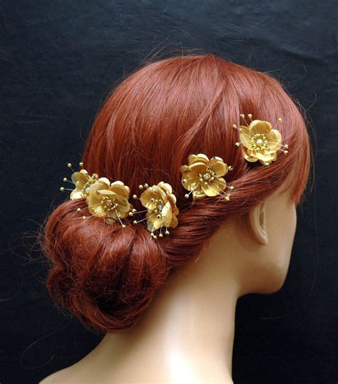 Gold Flower Hair Pins Wedding Hair Accessories Set Of 5 Hair Clips