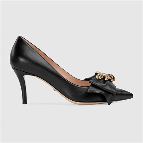 Gucci Women Shoes Leather Mid Heel Pump With Bow 75mm Heel Black Lulux