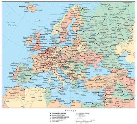 Europe Map With Countries Cities And Roads And Water Features