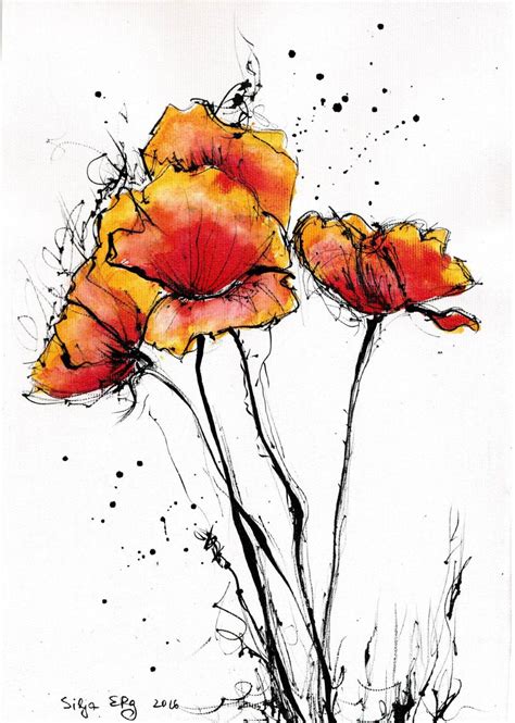 Ink Drawing On Canvas A4 20x30cm Abstract Red Poppies Flower