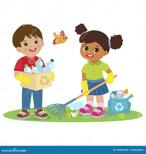 Children Collect Rubbish For Recycling Vector Illustration Eco