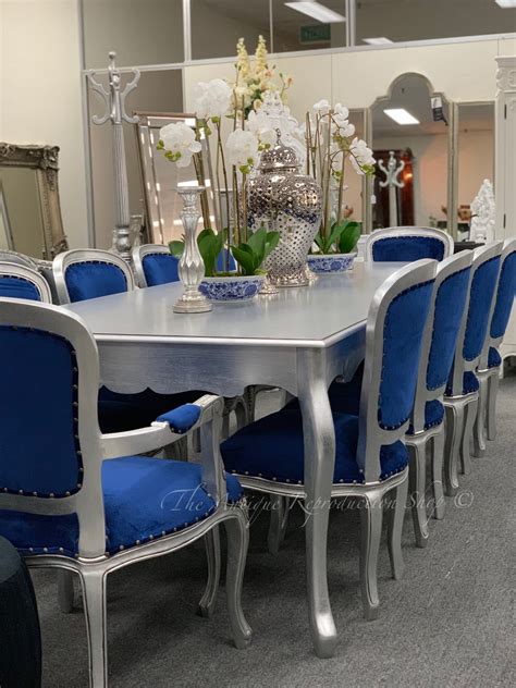 French Provincial Plain Style Dining Table And Chairs Set Royal Blue