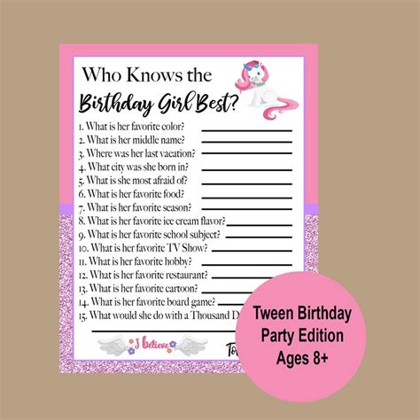 Who Knows The Birthday Girl Best Game Unicorn Party Game Etsy Hong Kong