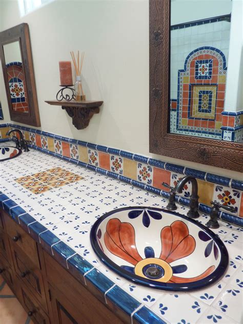 Our rustic bathroom vanities are uniquely designed, functional, affortable and will look great in your home. double sink bathroom vanity using Mexican tiles by ...