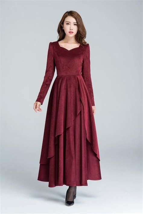 Burgundy Corduroy Dress Long Sleeve Cocktail Dress Maxi Etsy Wine Red Dress Long Sleeve