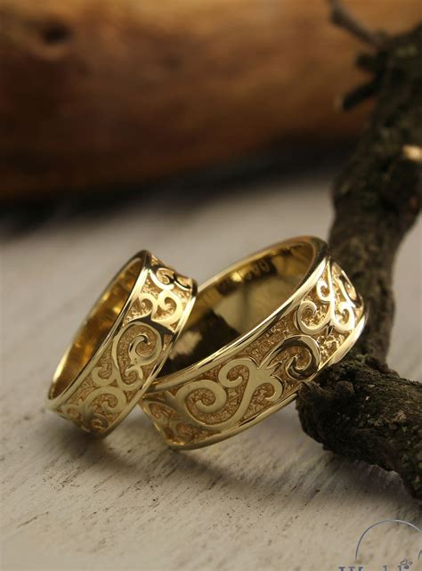 Unusual Couple Wedding Bands Set Made In 14k Solid Yellow Gold Unique