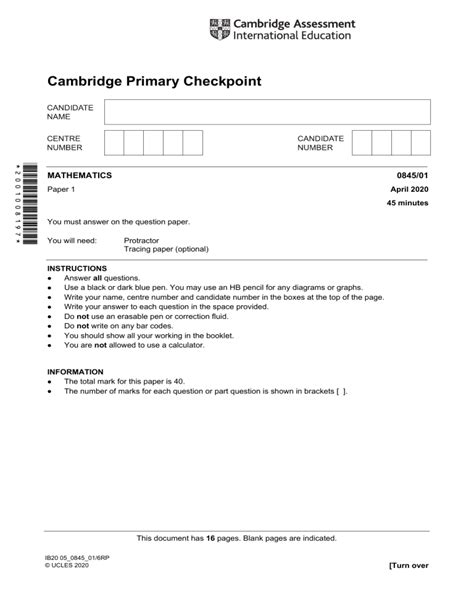 Cambridge Primary Checkpoint Mathematics 0845 April 2020 Paper 1