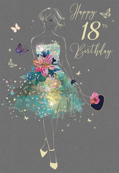 A Woman In A Dress With Butterflies On It And The Words Happy Th Birthday Written Below