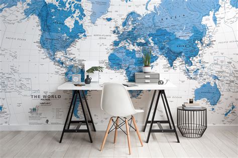 Blue And White World Travel Map Wallpaper Mural Murals Wallpaper
