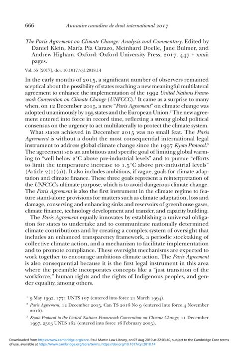 (PDF) The Paris Agreement on Climate Change: Analysis and Commentary. Edited by Daniel Klein ...
