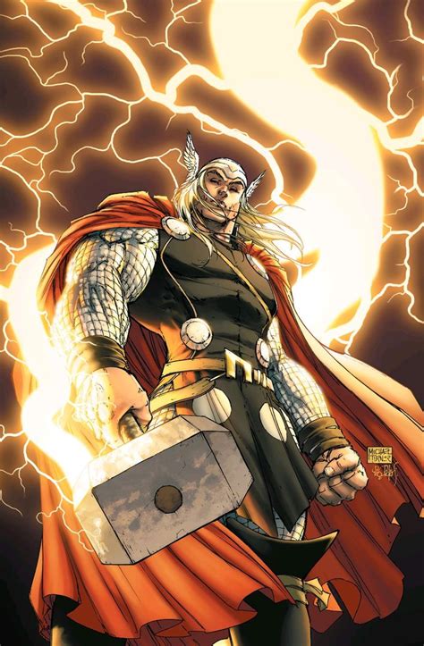 An Image Of A Man Dressed As Thor With Lightning In The Background
