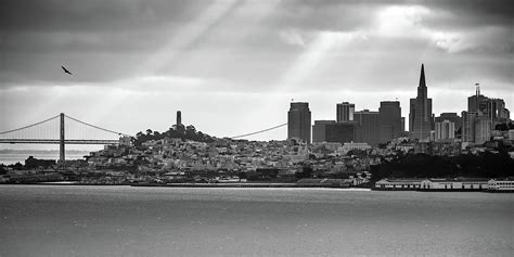 San Francisco Skyline And Oakland Bay Bridge Panorama Black And White