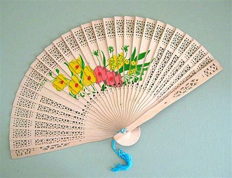 Hand Painted Carved Wood Oriental Folding Flower Hand Fan Etsy