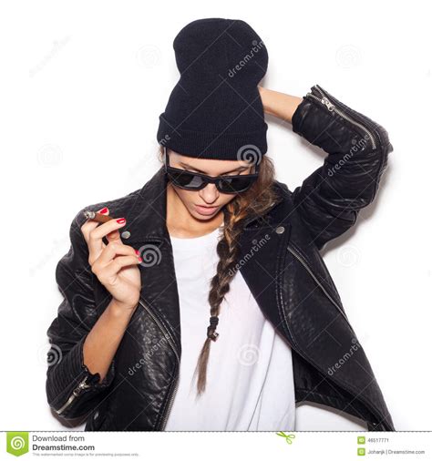 Hipster Girl In Sunglasses And Black Beanie Smoke Cigar Stock Image Image Of Attractive Girl