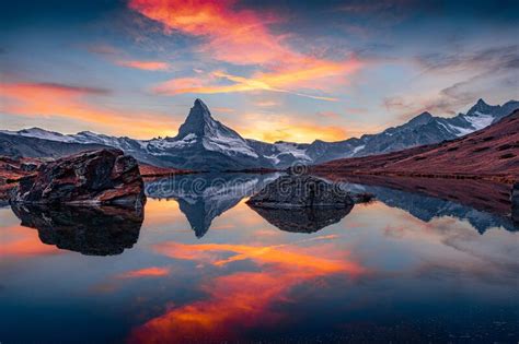 Exciting Morning View Of Stellisee Lake With Matterhorn Cervino Peak