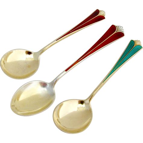Enameled Gilt Dessert Spoons Teaspoon Set David Andersen Sterling
