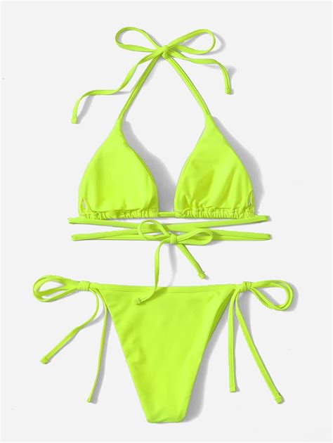 SHEIN Swim Vcay Neon Lime Triangle Tie Side Bikini Swimsuit SHEIN UK