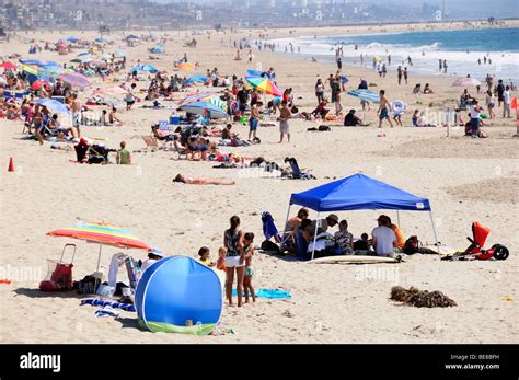 usa california los angeles venice beach crowded sandy beach with people sunbathing by