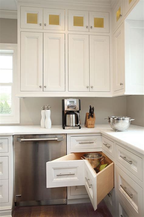 Example of a transitional kitchen pantry design in los angeles with shaker cabinets and white backsplash nice pantry with pullout shelves. 30 Corner Drawers and Storage Solutions for the Modern Kitchen