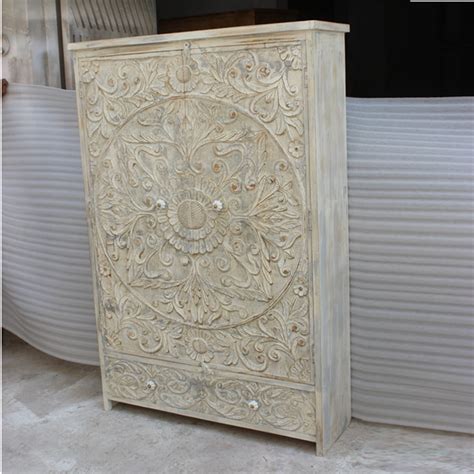 Indian Hand Carved Floral Design Solid Wooden Wardrobe Armoire