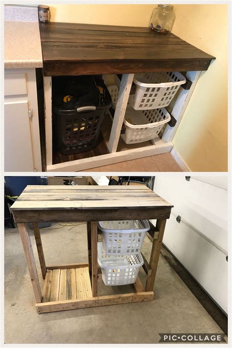 Diy Reclaimed Wood Laundry Folding Table With Basket Storage Laundry