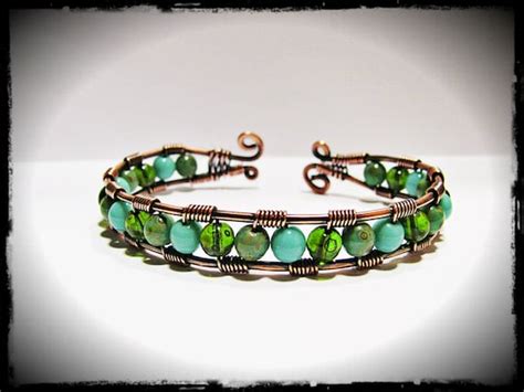 Copper Wire Wrapped Cuff Bracelet In Emerald Turquoise And Etsy