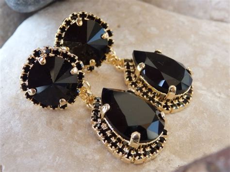 Black Crystal Chandelier Earrings Gold Plated Black Earrings Etsy