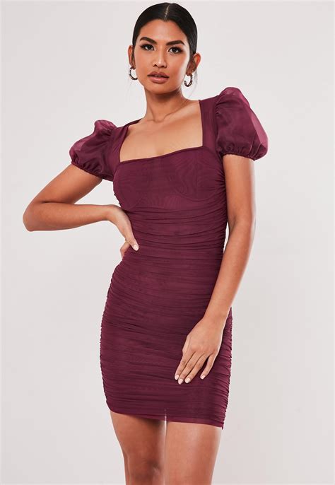 Plum Mesh Ruched Puff Sleeve Mini Dress Missguided