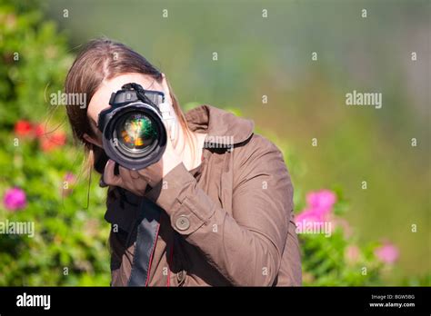 Beautiful Young Female Nature Photographer Outdoors Stock Photo Alamy