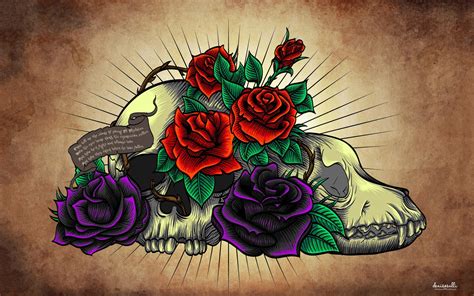 Skulls Flowers Text Grunge Leaves Artwork Scrolls Roses