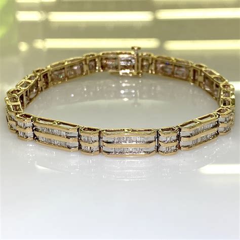 Mens 10k Gold 3.00ct Diamond Bracelet Baguette Two Tone 2 Row Box Link