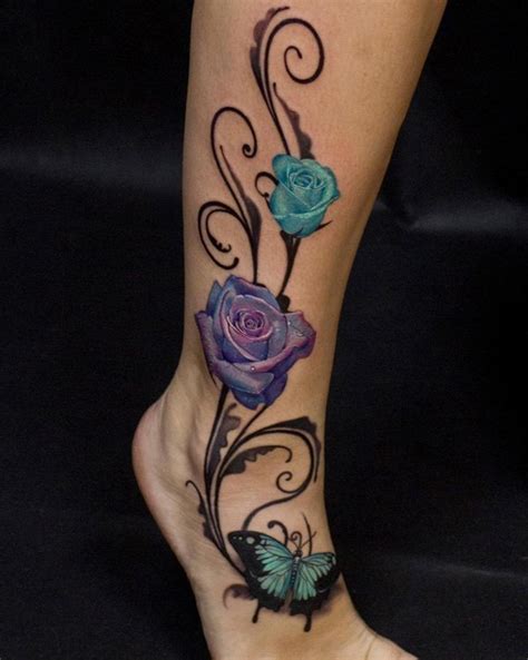 3d Like Elegant Colored Roses With Butterfly Tattoo On Ankle