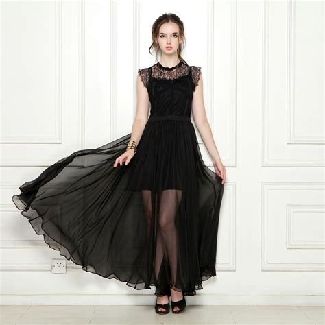 Women Chiffon Sleeveless Black Round Neck Evening Prom Maxi Dress Apricus Fashion Premiere