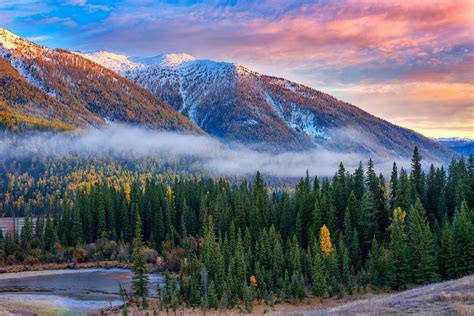 Nature Landscape Mountain Forest Fall Sunrise River Mist Snow Trees Clouds China