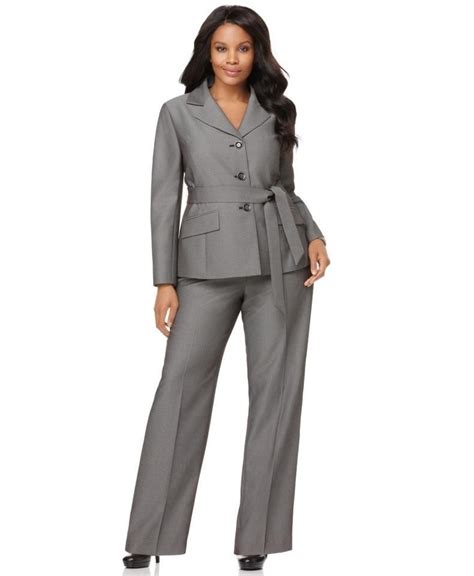 Le Suit Gray Grasslands Womens Notch Collar Belted Pant Size 16