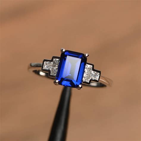 Rectangle Sapphire Anniversary Ring Emerald Cut September Etsy