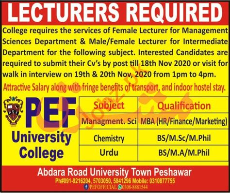 Lecturer Jobs 2020 In Pef University College Peshawar 2023 Job