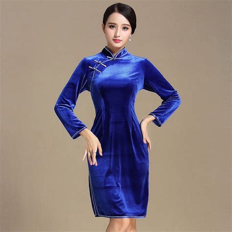 Elegant Blue Velvet Chinese Cheongsam Qipao Dress Qipao Dress Dresses Mandarin Collar Dress