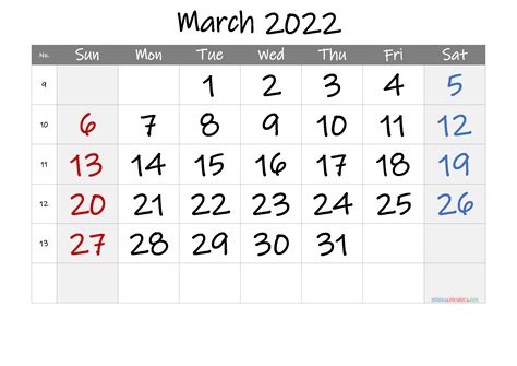 March 2022 Printable Calendar With Week Numbers 6 Templates