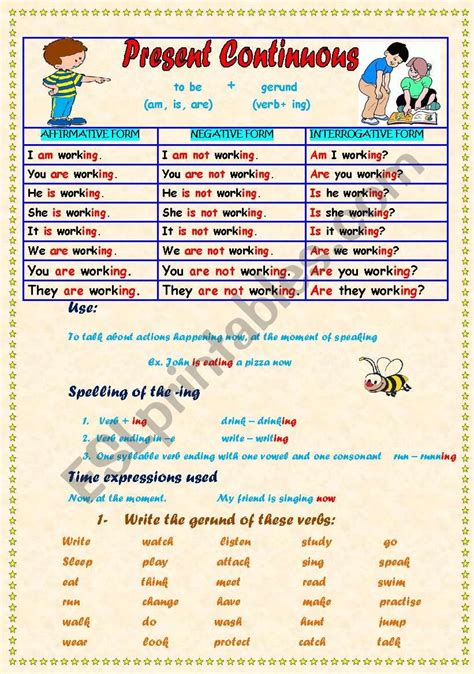 Present Continuous Worksheets Esl Rules