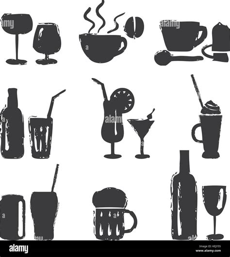 Diversas Bebidas Iconos Silueta Dibujada A Mano Imagen Vector De Stock