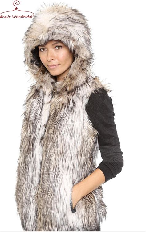 2xs Womens Faux Fur Hood Vest Femme Fur Gilet Reversible Sleeveless