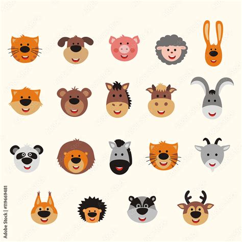 Big Vector Set Animal Faces Collection Of Isolated Animals Faces In