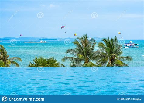 Beautiful Outdoor Infinity Swimming Pool With Coconut Palm Tree And Sea