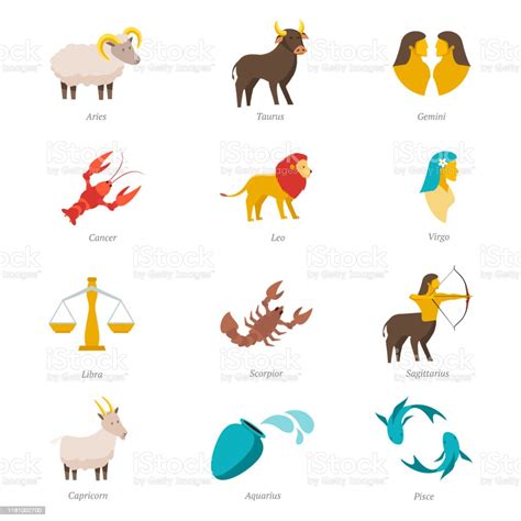 Twelve Zodiac Signs Flat Vector Illustrations Set Stock Illustration