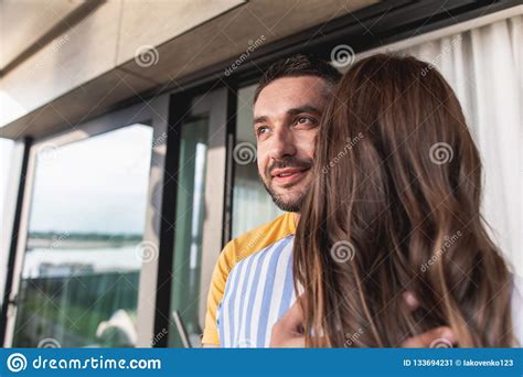 Blithesome Bearded Man Hugging Woman With Long Hair Stock Image Image Of Adult Leisure 133694231