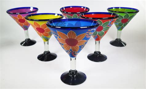 Martini Margarita Glass 15oz Hand Painted Pop Designs Set Of Six