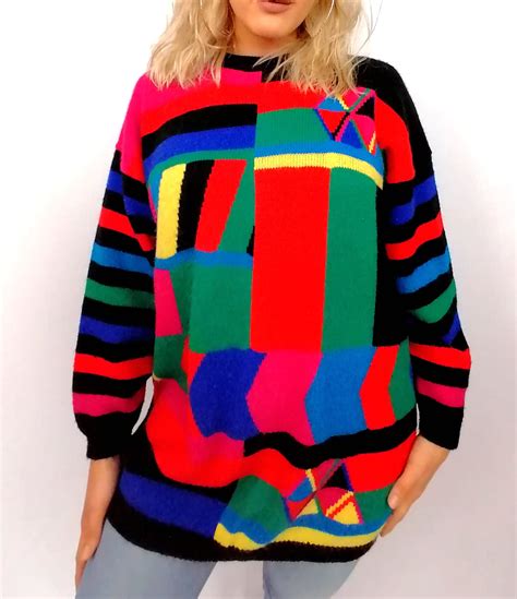 Colorful 80s Sweater 90s Oversize Slouchy Jumper Multi Etsy